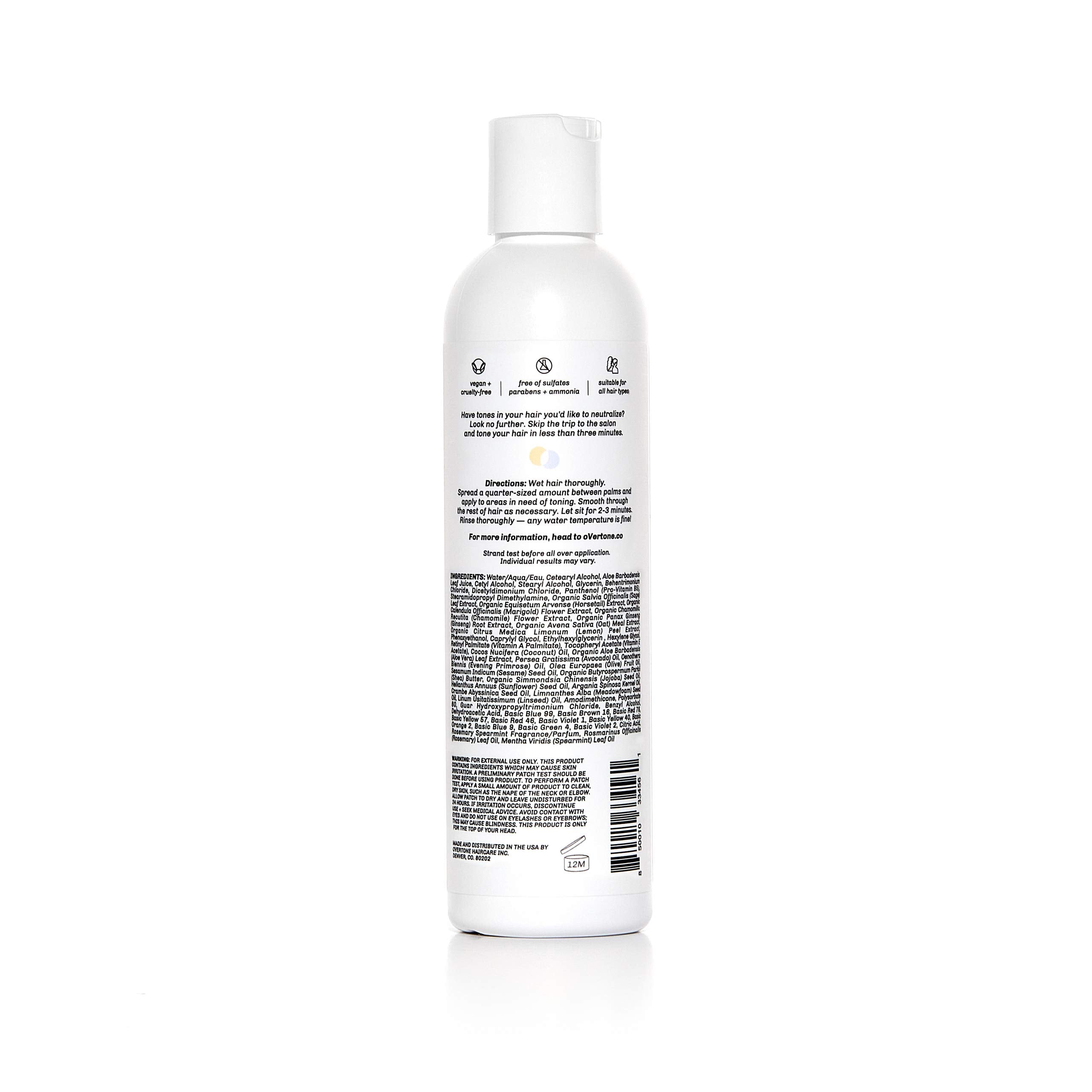 oVertone Blue Toning Conditioner pump dispense demonstrates quick 2–3 minute application