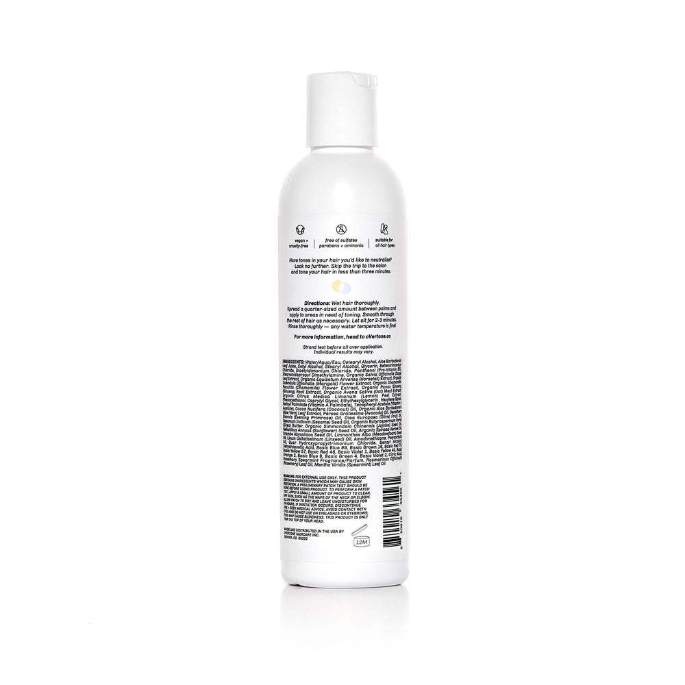 oVertone Blue Toning Conditioner pump dispense demonstrates quick 2–3 minute application