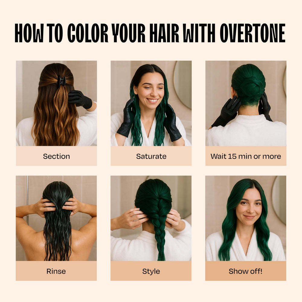 Overtone Emerald Envy application on dry hair demonstrates quick 10-15 minute treatment
