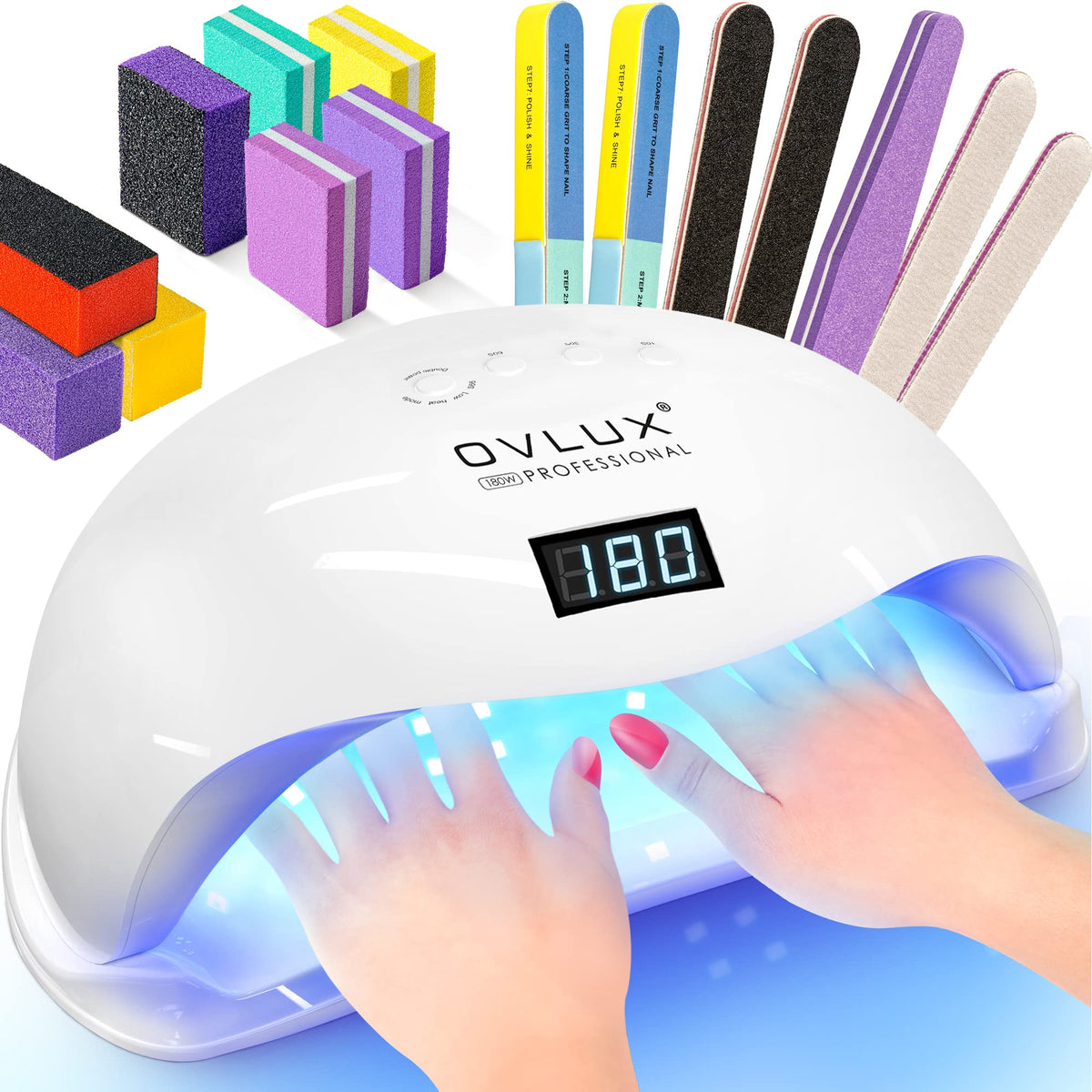 OVLUX 180W UV LED nail lamp front view for fast gel curing.