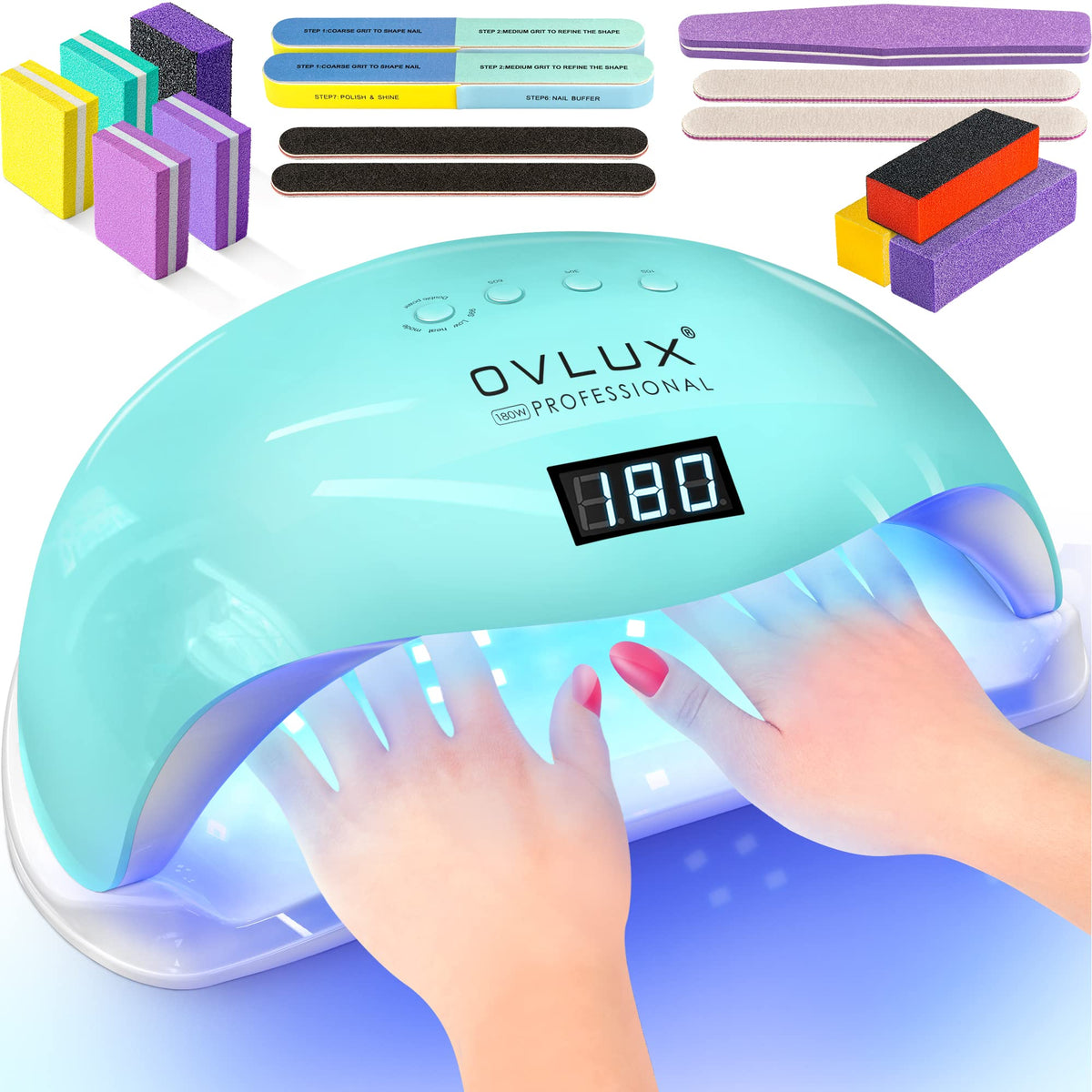 OVLUX 180W UV LED nail lamp front view for quick gel polish curing