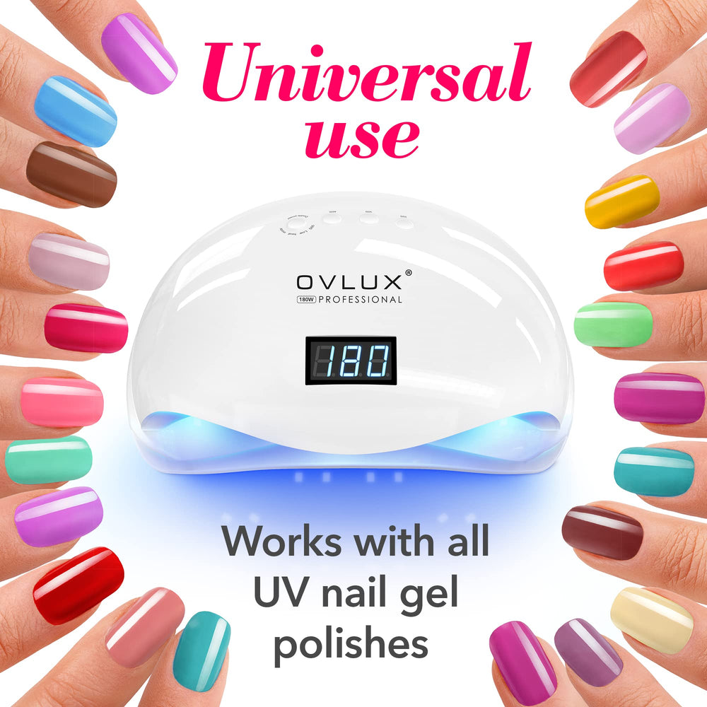 OVLUX 180W UV LED nail lamp LCD display shows precise timing.