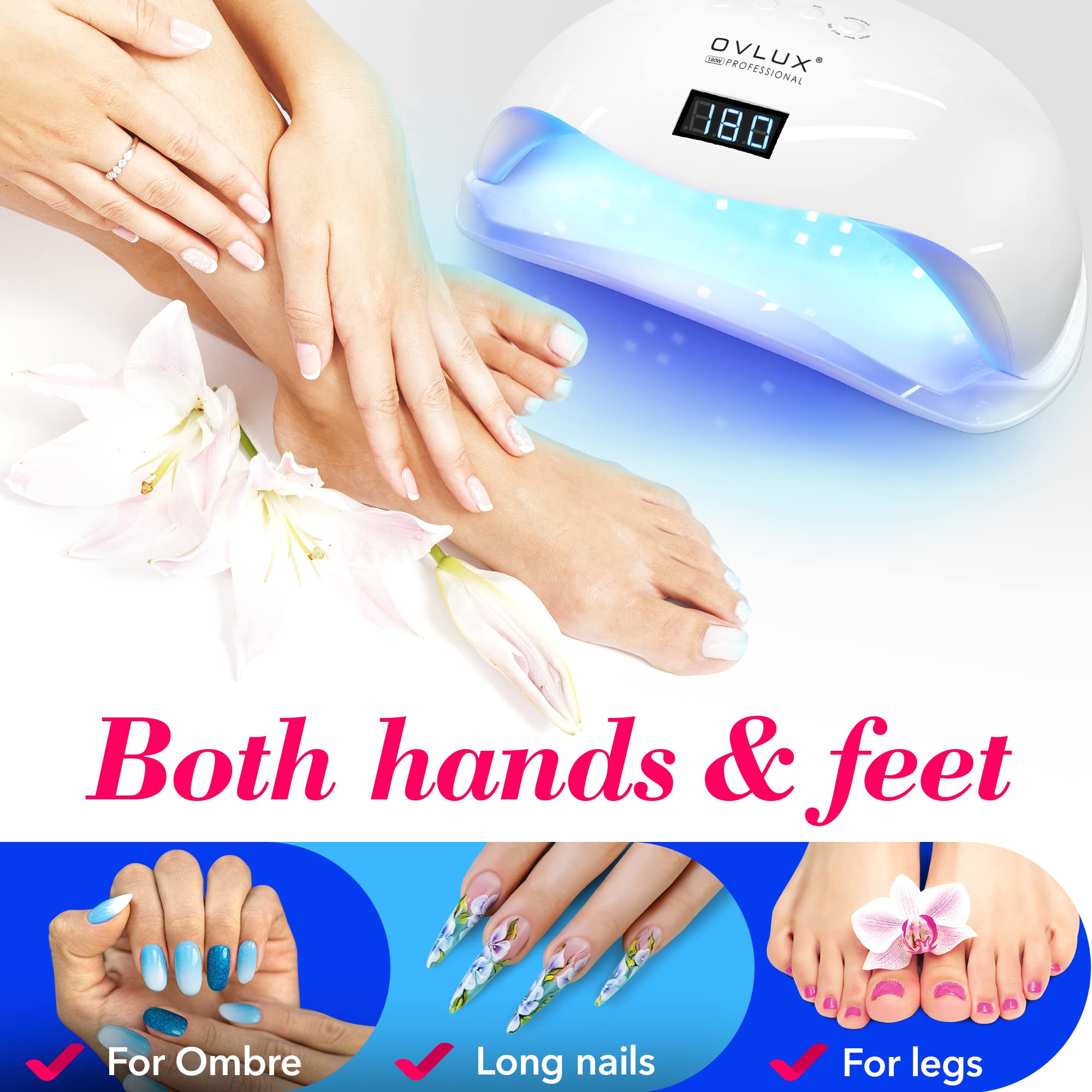 OVLUX 180W UV LED nail lamp aids pedicure sessions with even cure.