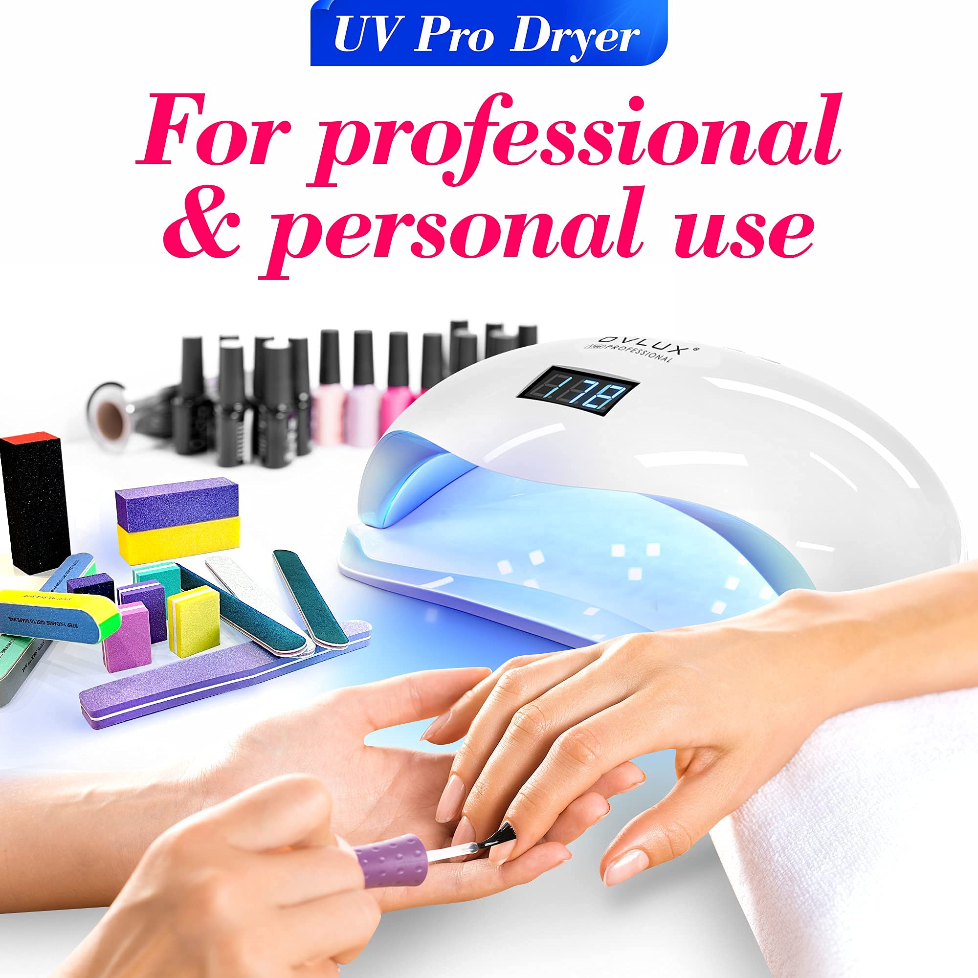 OVLUX 180W UV LED nail lamp spacious opening fits hands and feet.