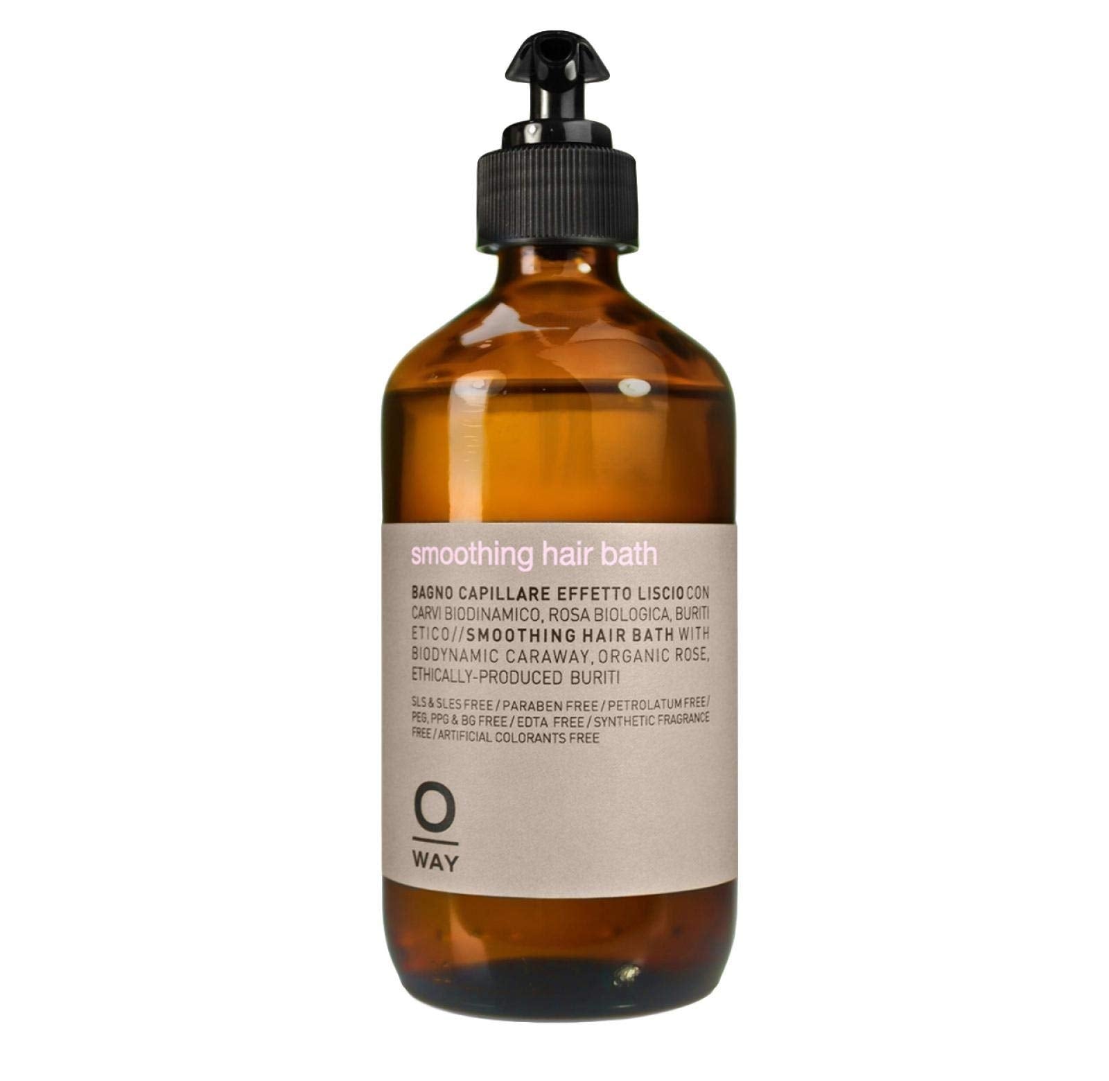 OWAY Smoothing Hair Bath bottle pour showing lightweight cleansing for smoother, manageable hair.