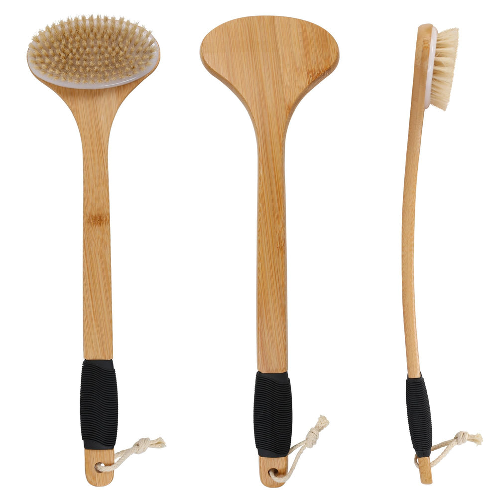 OWIIZI bamboo long handle back brush shown for wet shower cleansing