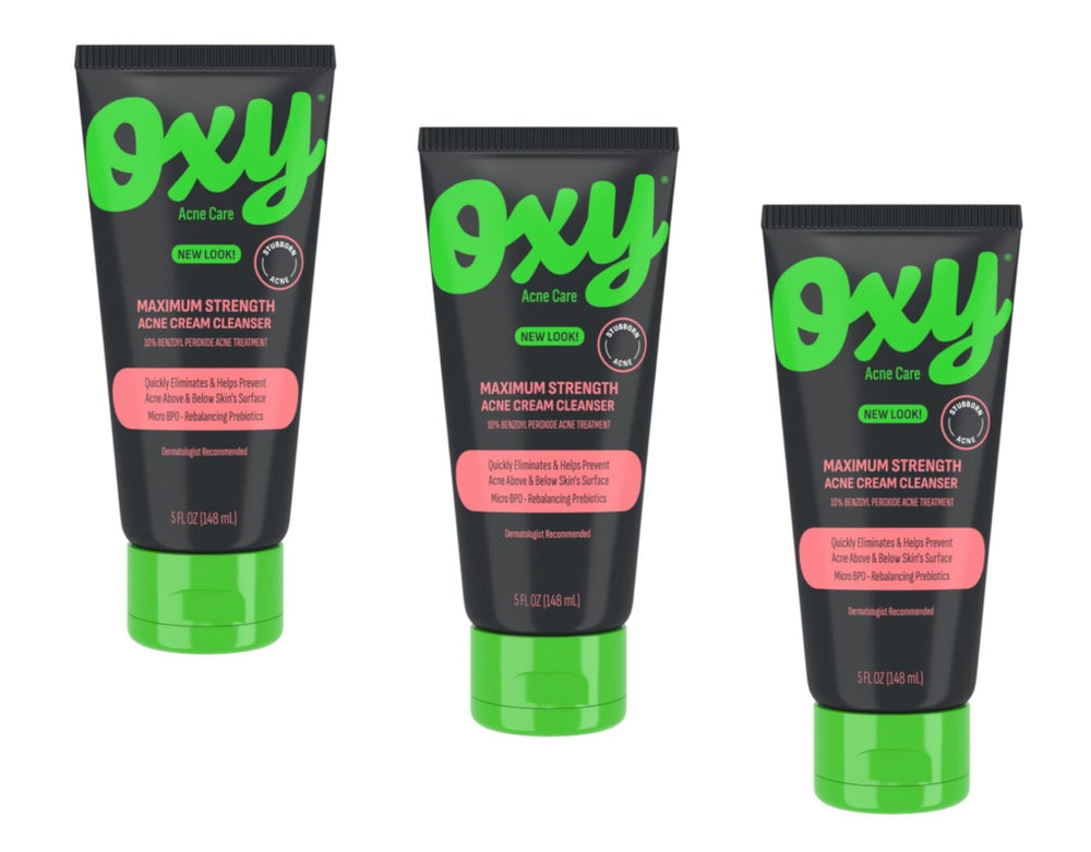 Oxy Acne Cleanser bottle front view shows maximum strength for stubborn breakouts