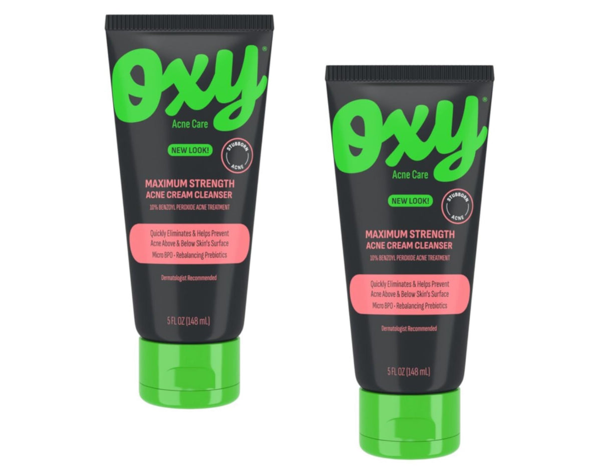 OXY Acne Maximum Action face wash bottle highlights 10% benzoyl peroxide.
