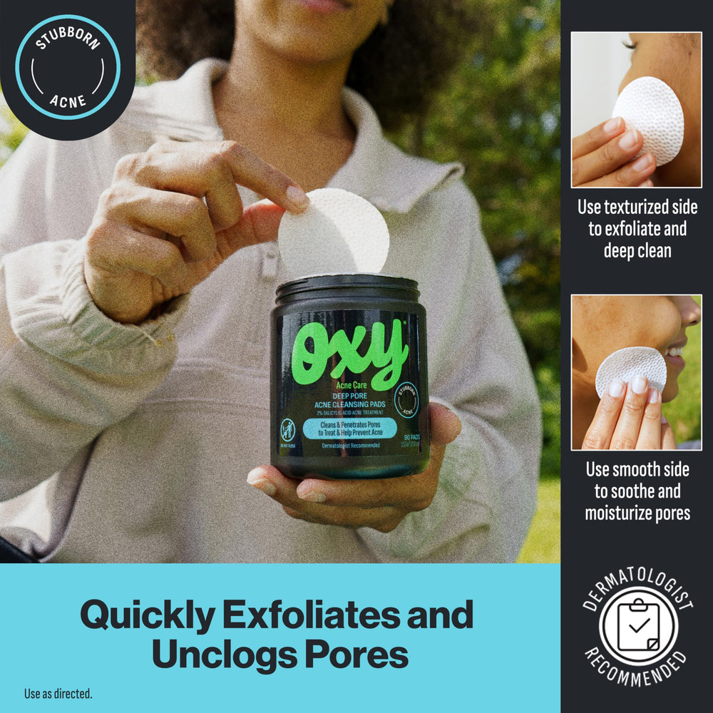 Oxy Deep Pore Cleansing Pads on-the-go use demonstrates no-water cleansing convenience.