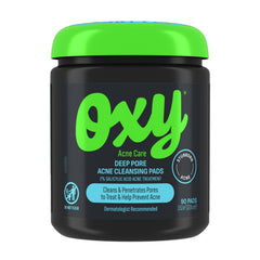 Oxy Deep Pore Cleansing Pads packaging front highlights 90 pads for on-the-go acne care.