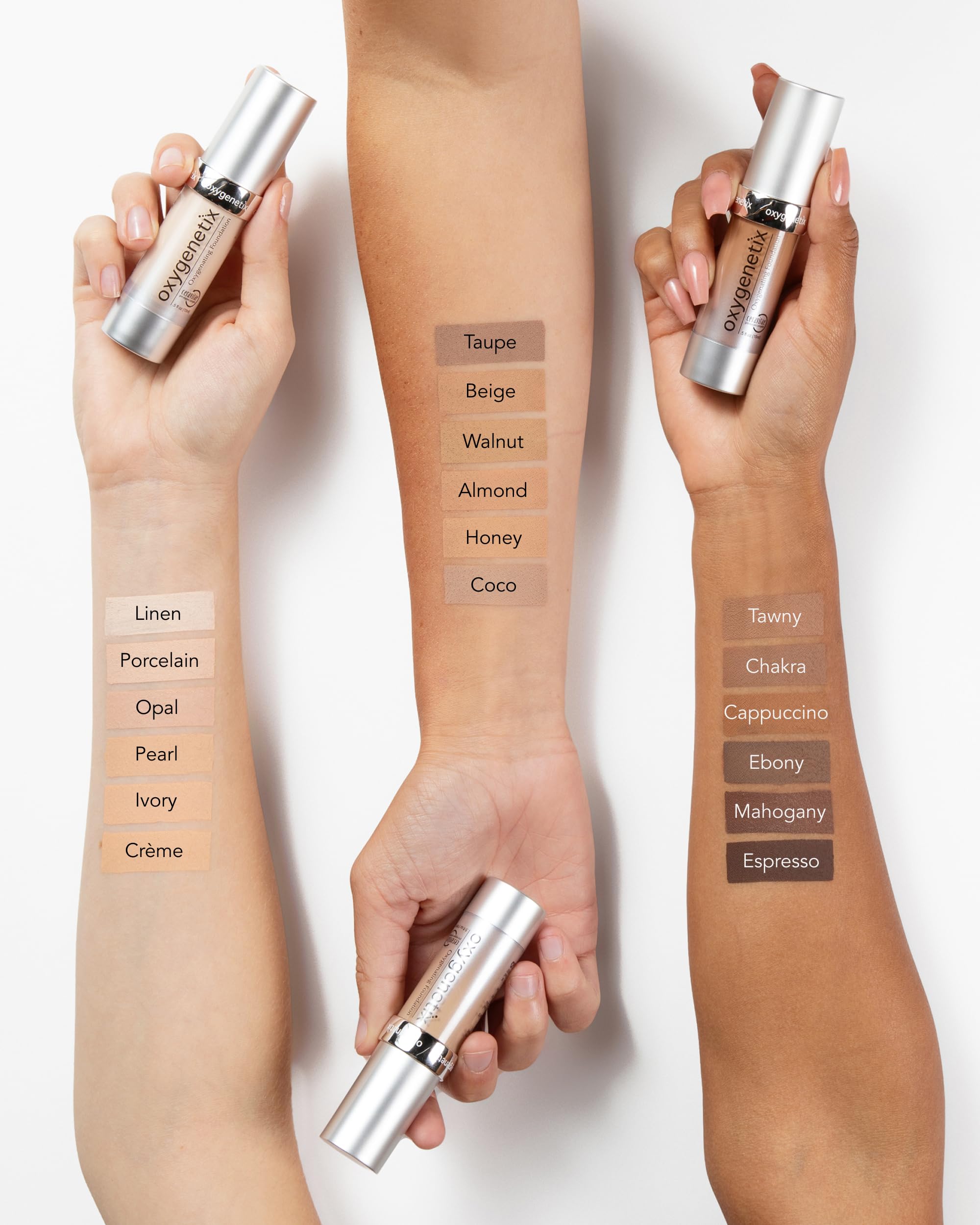 Oxygenetix Foundation Taupe skin-tone match on cheek blends evenly.