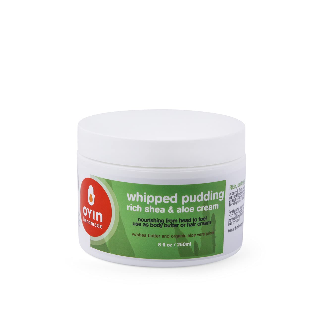 Oyin Handmade Whipped Pudding bottle shows rich moisture for hair and skin.