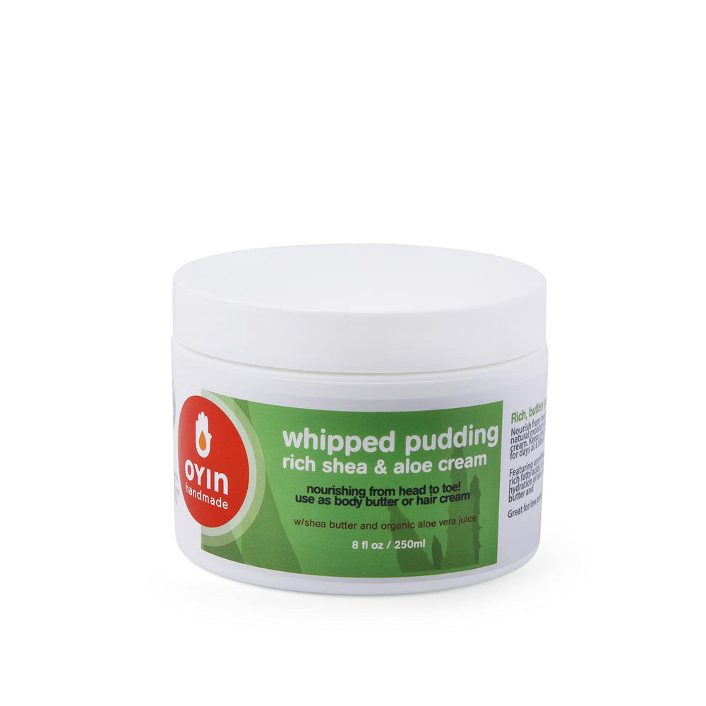 Oyin Handmade Whipped Pudding bottle shows rich moisture for hair and skin.