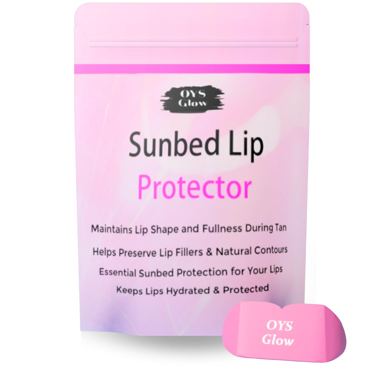 OYS GLOW Sunbed Protective Lip Cover close-up showing silicone lip shield for sunbed lip protection.