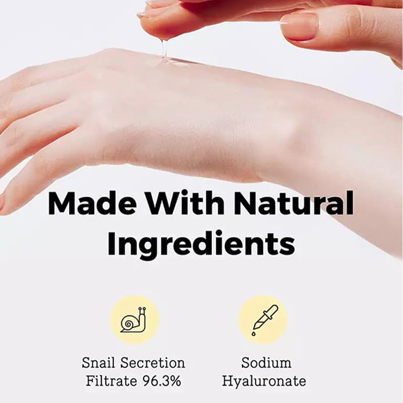 OYUFO snail mucin essence drops on skin demonstrating moisture absorption