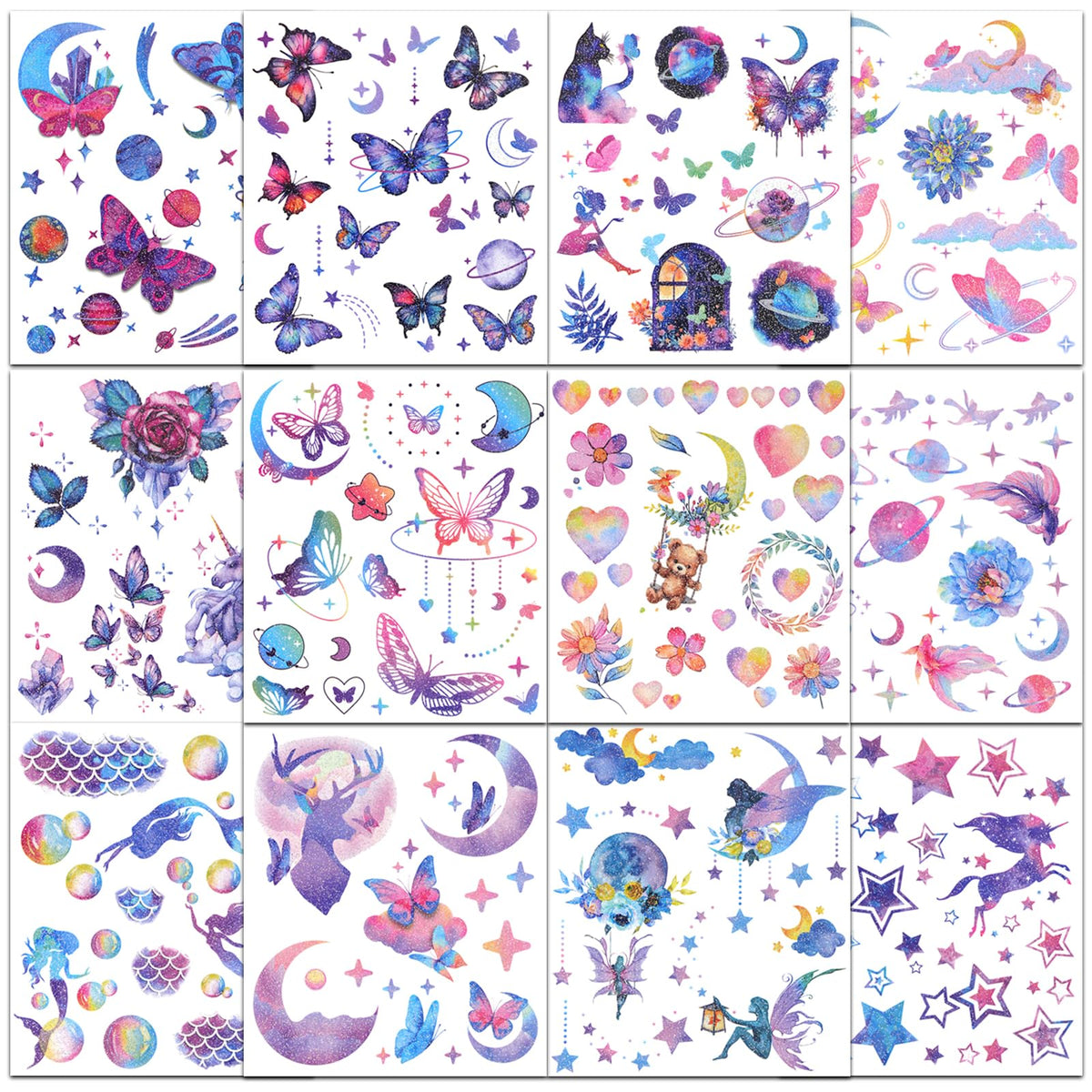 Ozepao glitter tattoos with butterflies, fairies, and mermaids for vibrant birthday party fun.