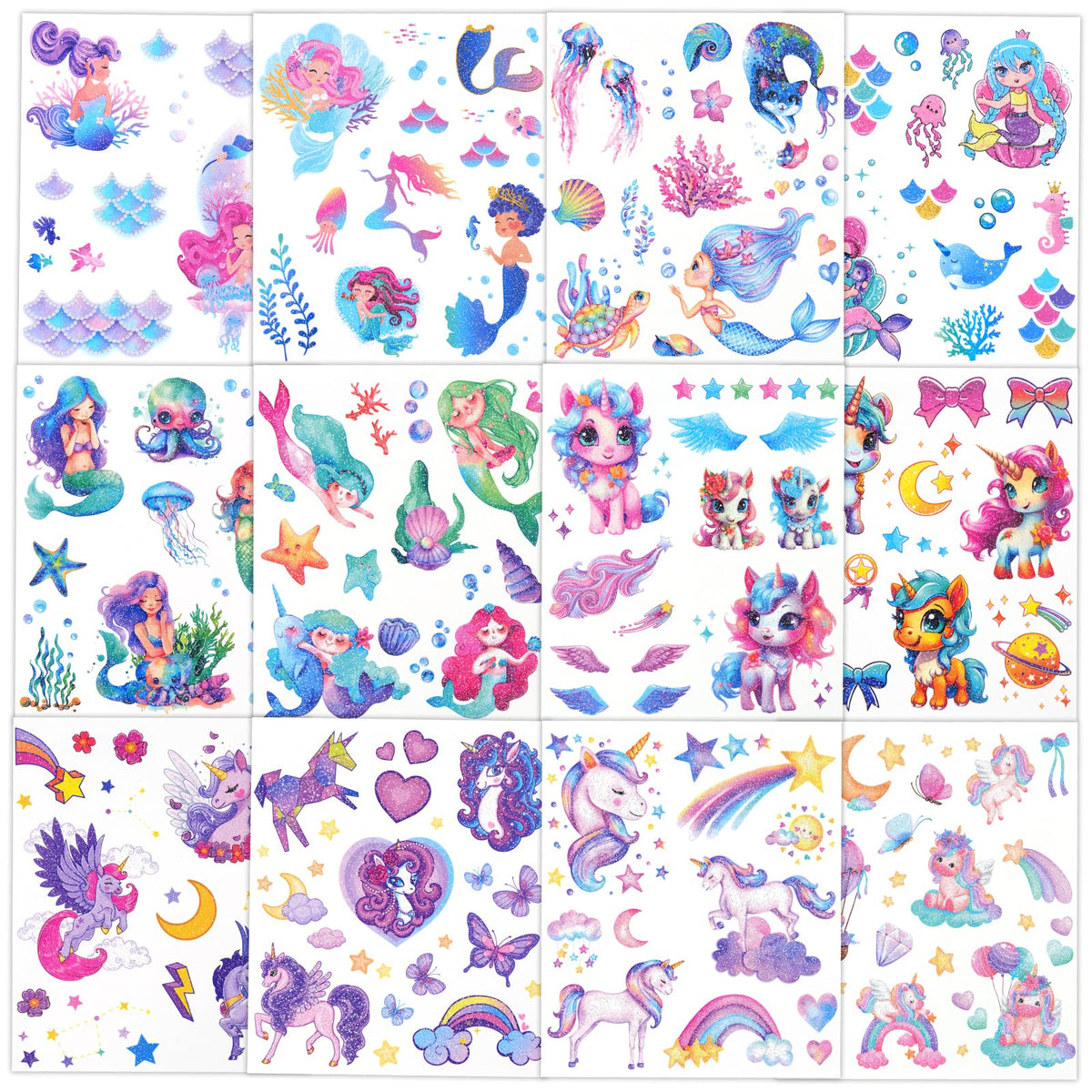 Ozepao glitter tattoos 12 sheets mermaid unicorn designs for kids' party fun