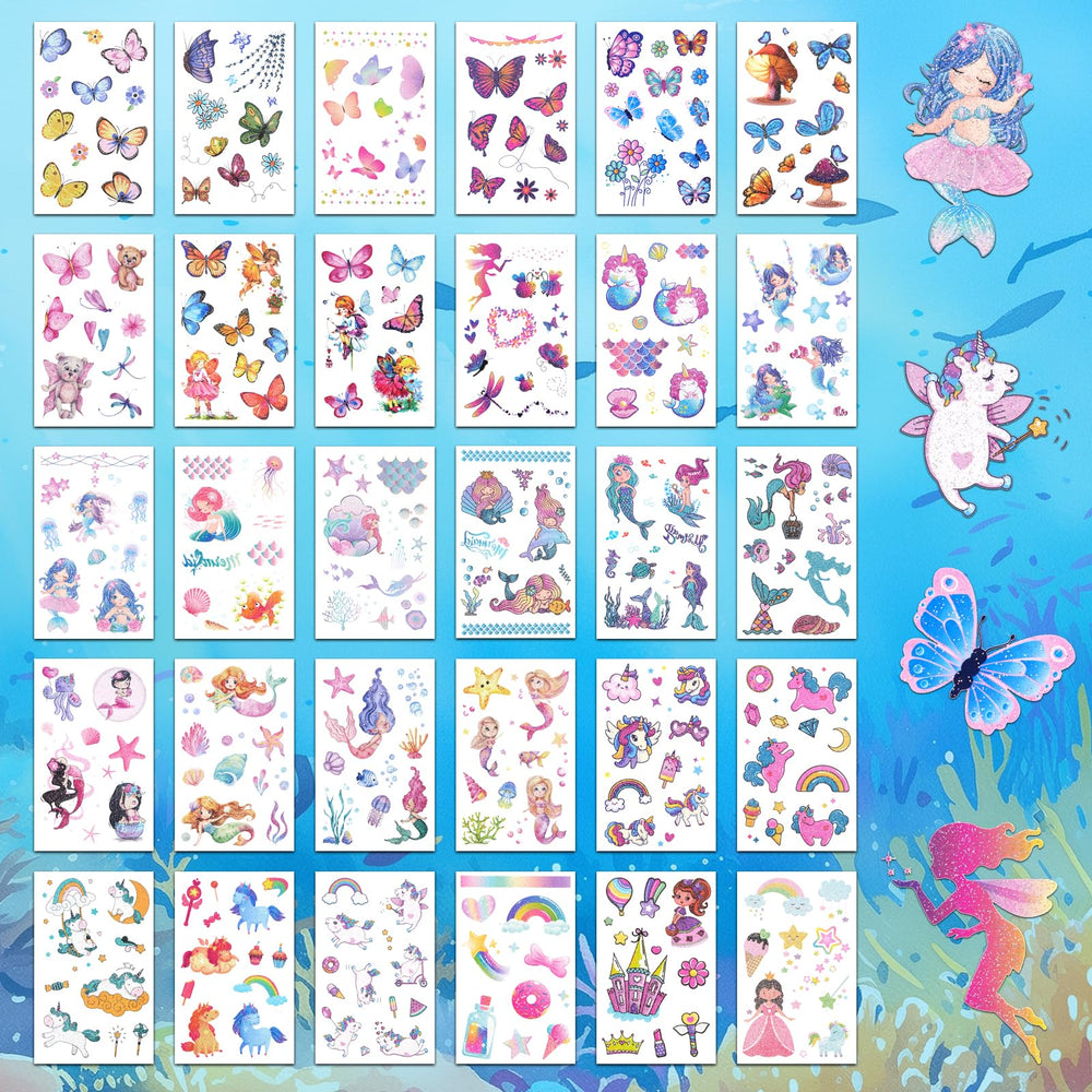 Ozepao glitter tattoos mermaids image highlights waterproof wear for pool days.