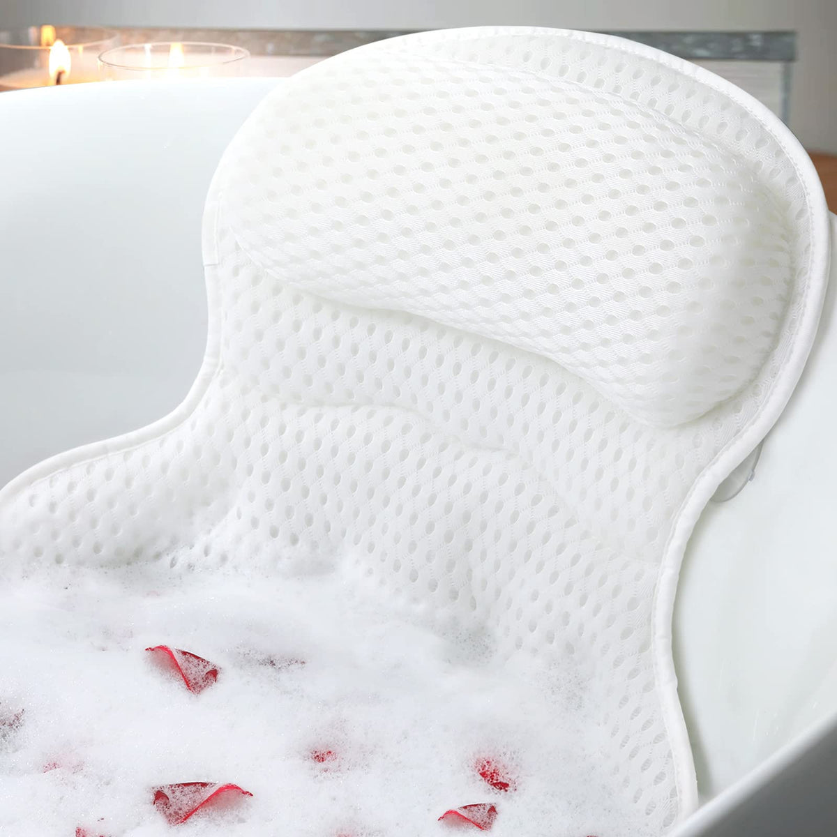 Ozyalo bath pillow headrest provides ergonomic neck support for a relaxing soak.