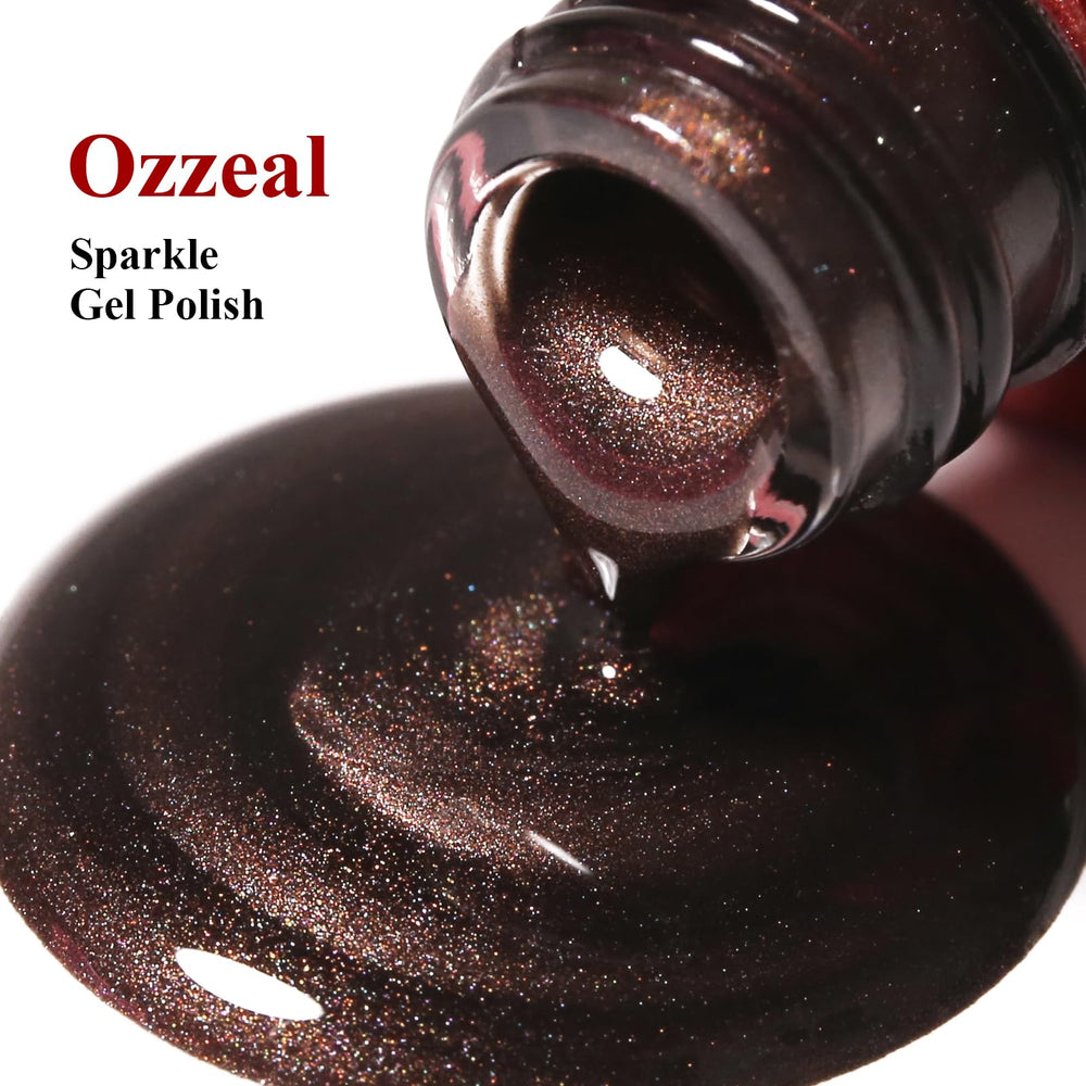 Ozzeal Pearl Gel Nail Polish fall-winter manicure idea with brown sparkle