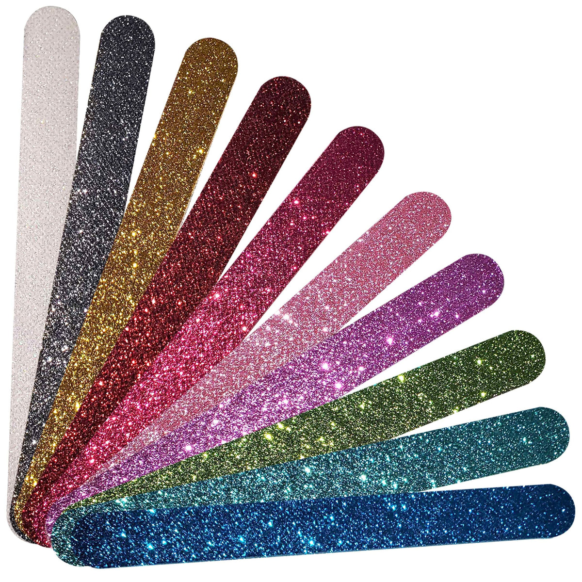 P2P Nails Glitter Colorful Nail File Strips packaging shows durable, washable buffers for at-home manicures.