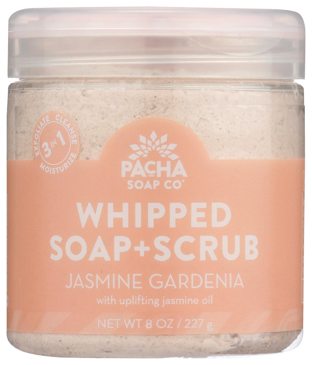 Pacha Soap Co Jasmine Gardenia Whipped Soap bottle offers a rich, daily gentle cleanse.