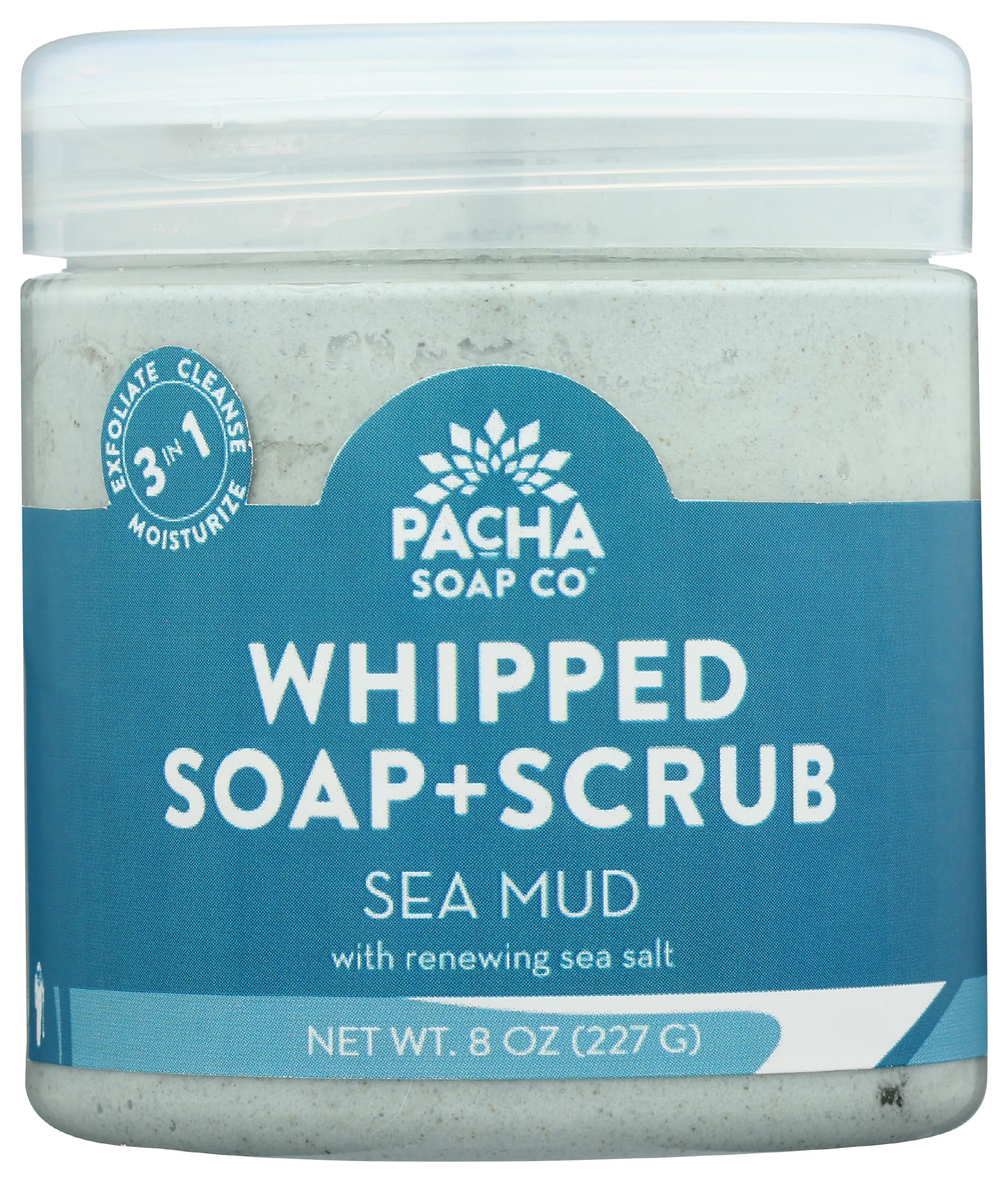 Pacha Soap Co Sea Mud Whipped Scrub jar showing creamy exfoliation texture for smooth skin.