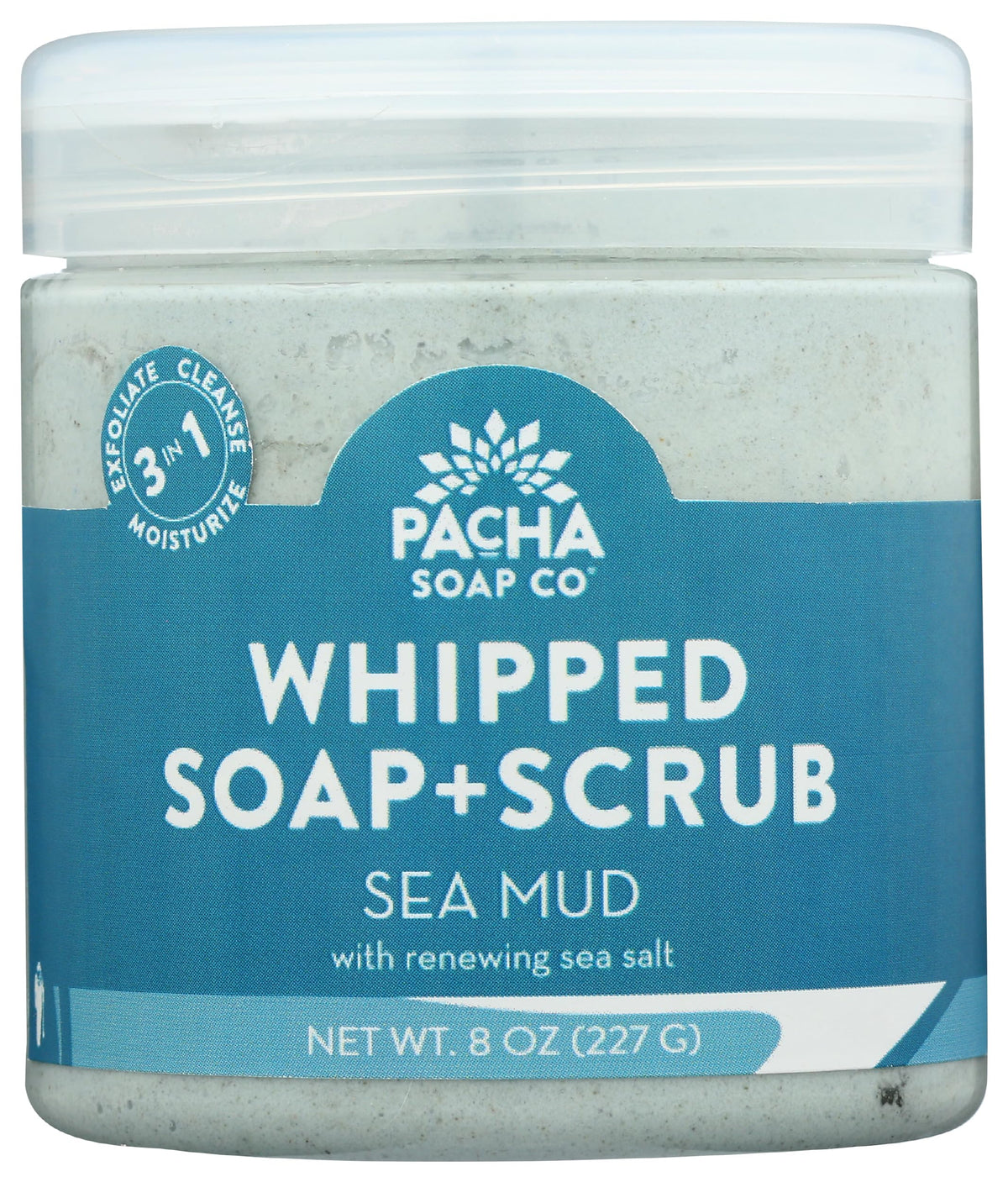 Pacha Soap Co Sea Mud Whipped Scrub jar showing creamy exfoliation texture for smooth skin.