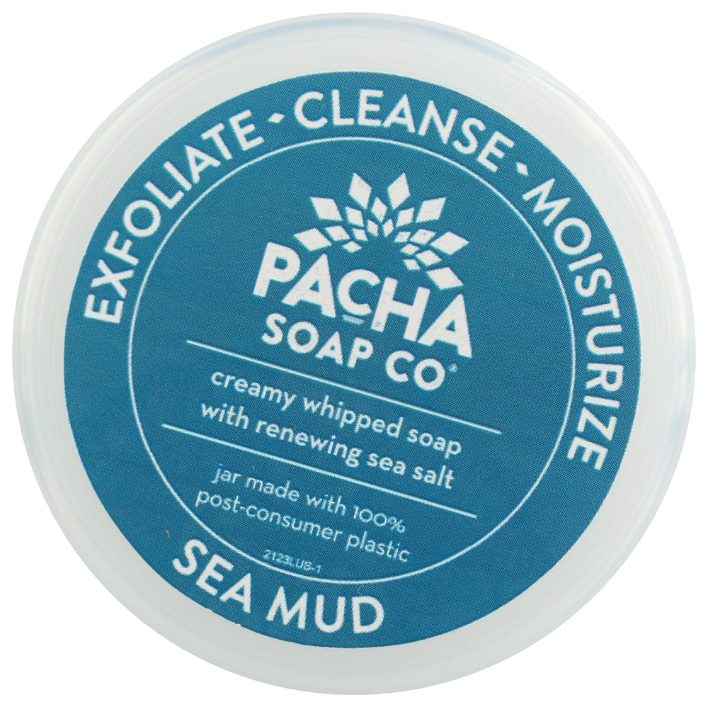 Pacha Soap Co Sea Mud Whipped Scrub packaging highlighting eco-friendly design.