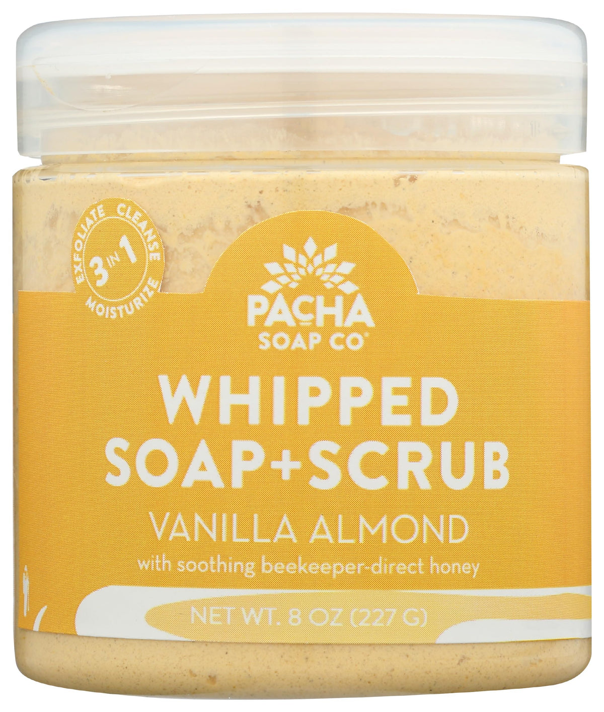 Pacha Soap Co Vanilla Almond Whipped Soap Scrub bottle showcases a compact, travel-friendly cleanser.