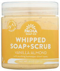 Pacha Soap Co Vanilla Almond Whipped Soap Scrub bottle showcases a compact, travel-friendly cleanser.