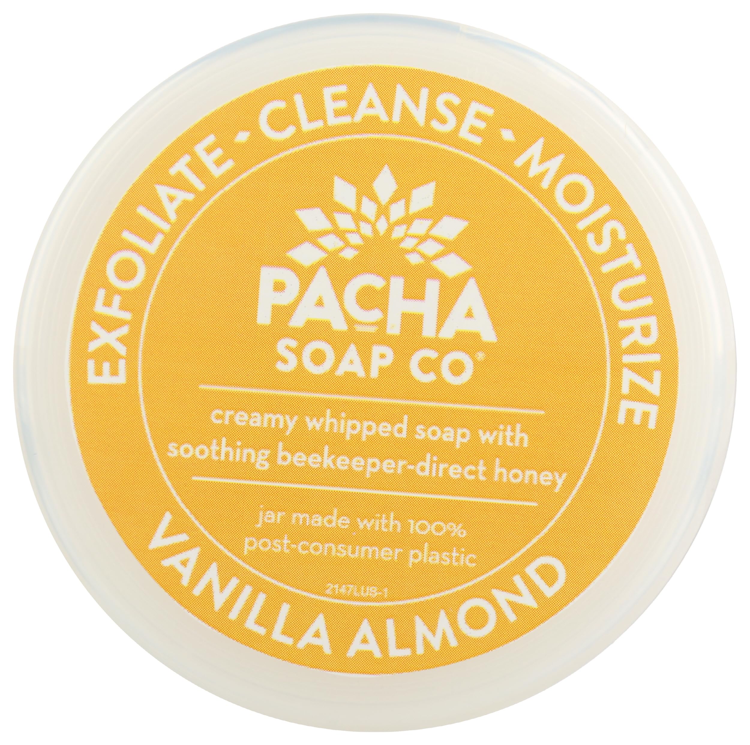 Pacha Soap Co Vanilla Almond whipped soap scrub ingredients highlight nourishing formula.