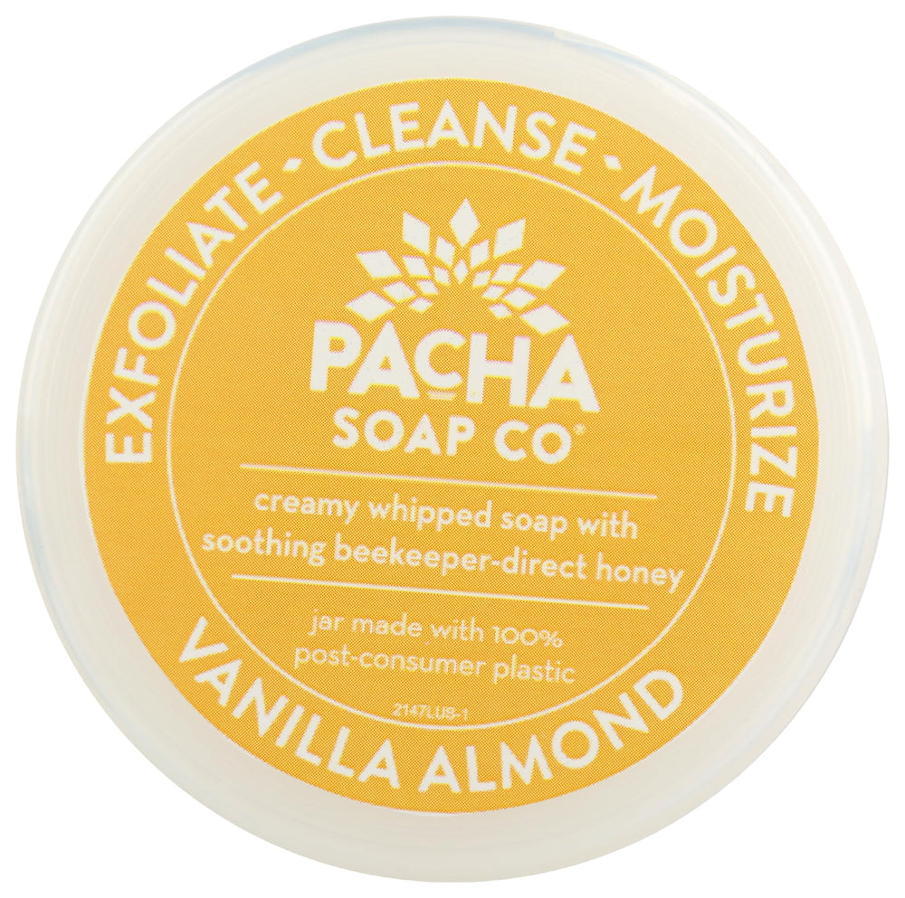Pacha Soap Co Vanilla Almond whipped soap scrub ingredients highlight nourishing formula.