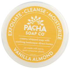 Pacha Soap Co Vanilla Almond whipped soap scrub ingredients highlight nourishing formula.