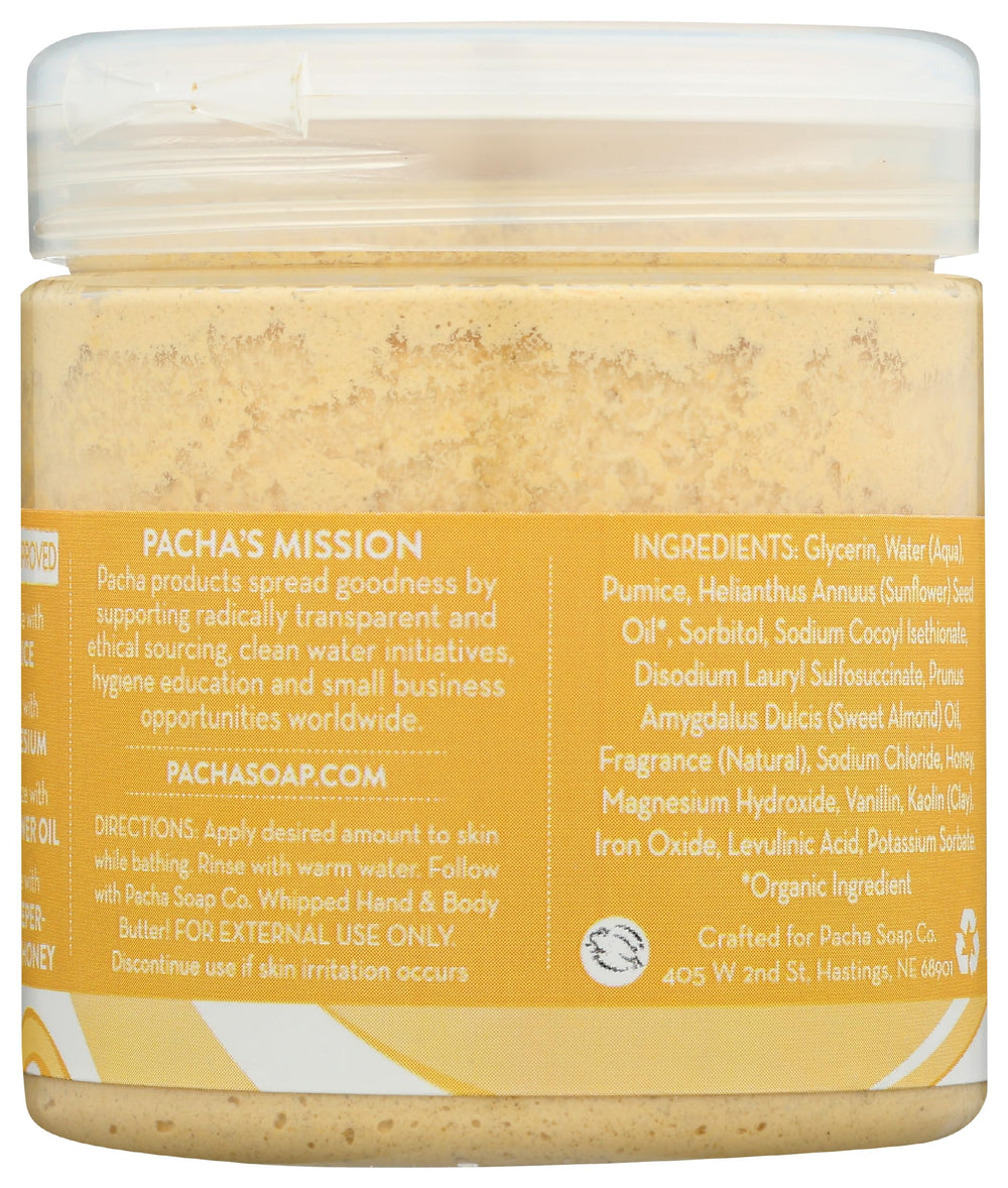 Pacha Soap Co vanilla almond whipped soap scrub texture close-up highlights airy creaminess and gentle exfoliation.