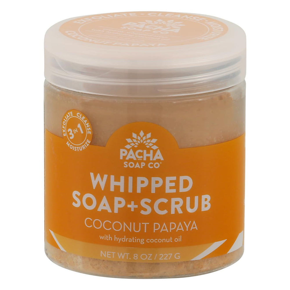 Pacha Soap Co Coconut Papaya whipped soap scrub jar for gentle exfoliation and hydrating cleanse
