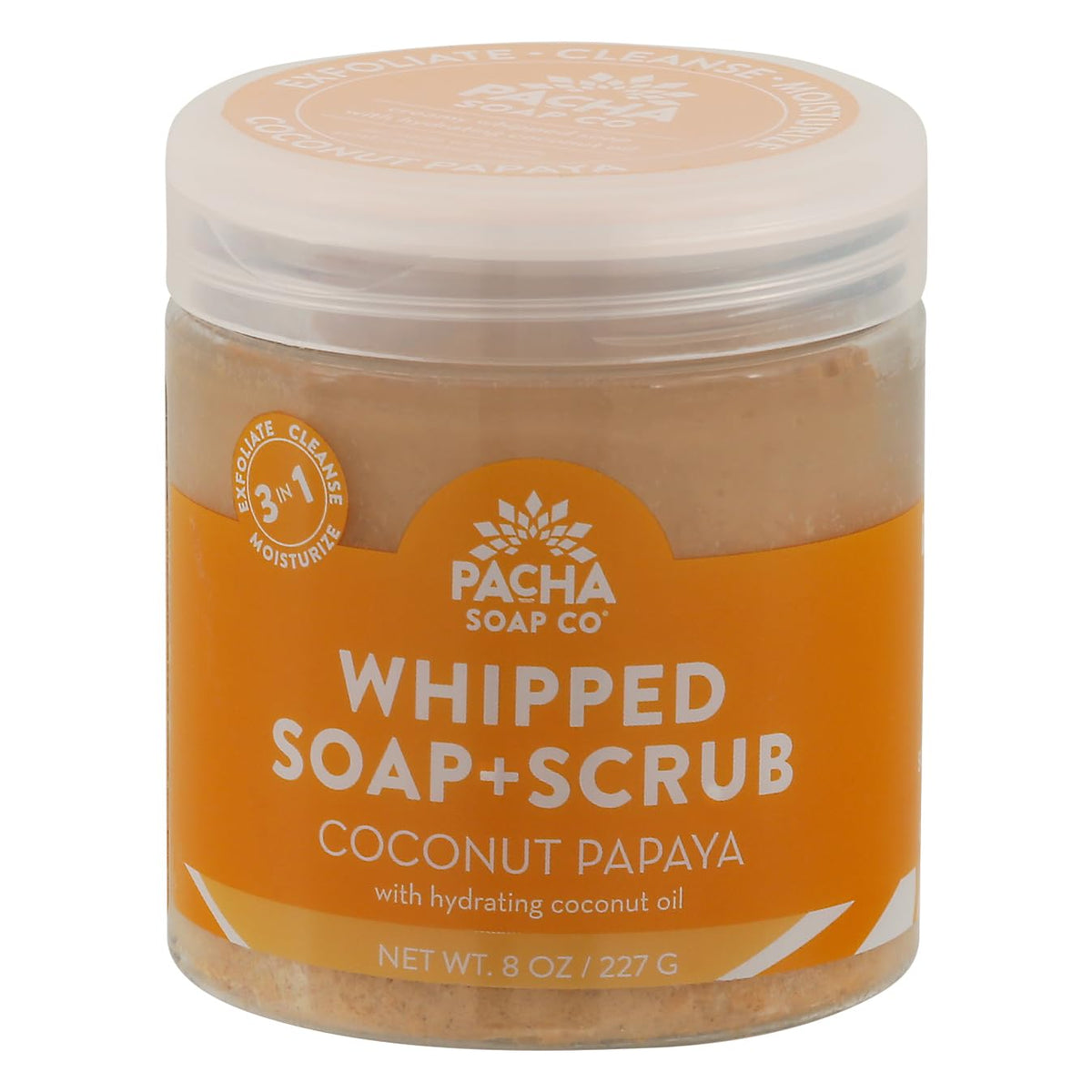 Pacha Soap Co Coconut Papaya whipped soap scrub jar for gentle exfoliation and hydrating cleanse