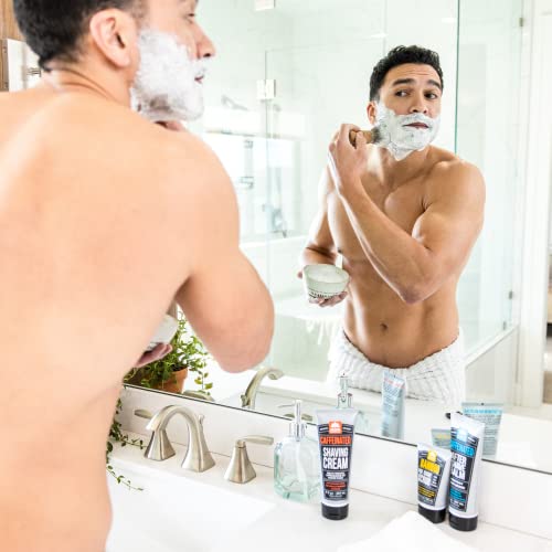 Pacific Shaving Company caffeinated aftershave 2-pack display emphasizes travel-ready routine.