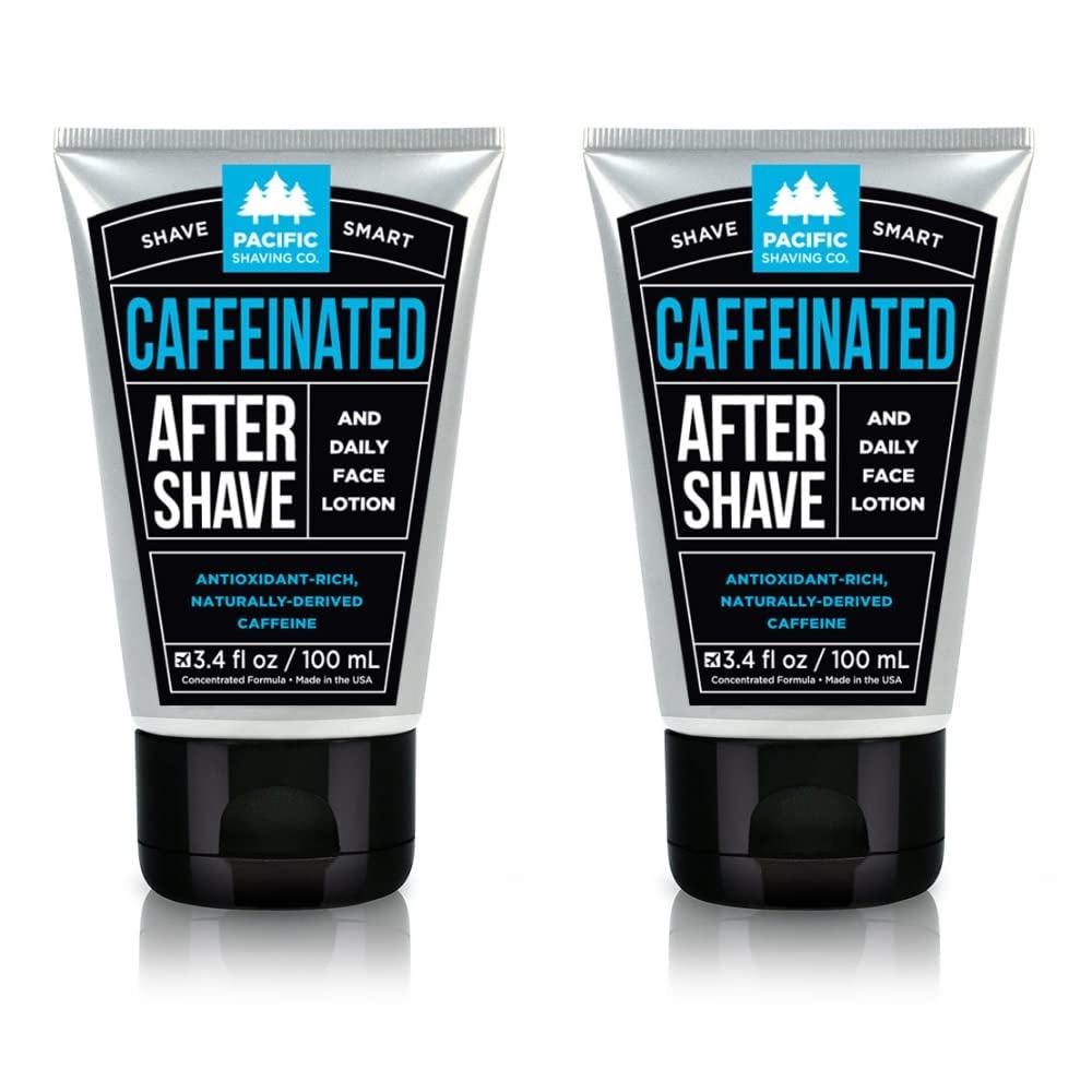 Pacific Shaving Company caffeinated aftershave bottle shows cooling aloe and spearmint.