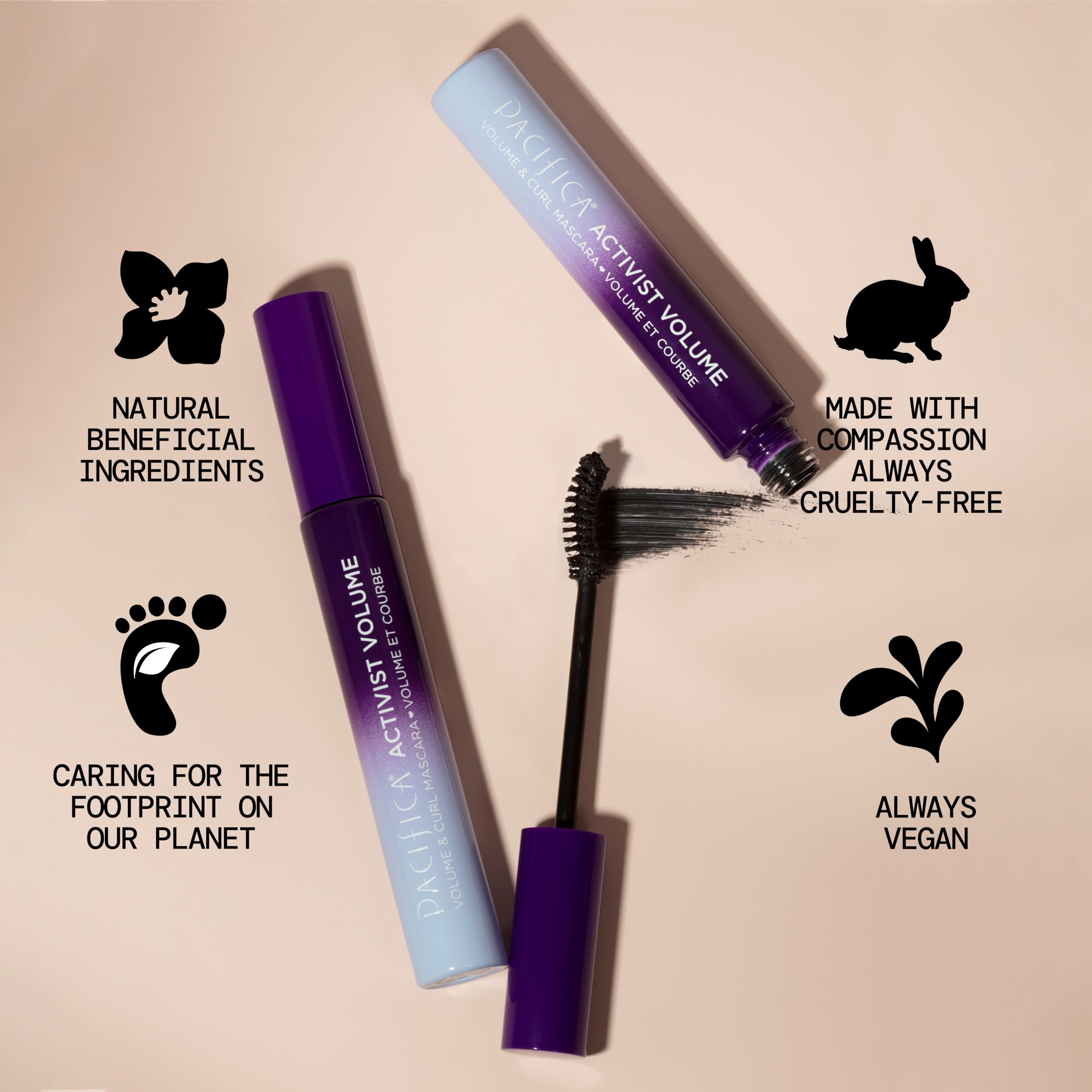 Pacifica Activist Curling Mascara talc-free and microplastic-free claim on packaging
