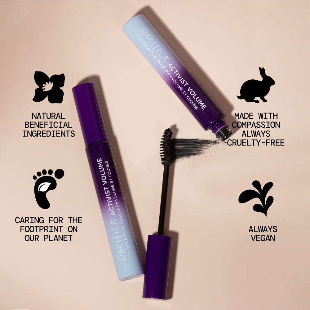 Pacifica Activist Curling Mascara talc-free and microplastic-free claim on packaging