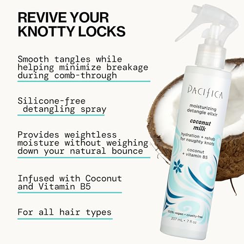 Pacifica Coconut Milk Detangler applying on hair for smoothing detangle action