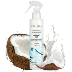 Pacifica Coconut Milk Detangler bottle highlights easy detangling and lightweight conditioning