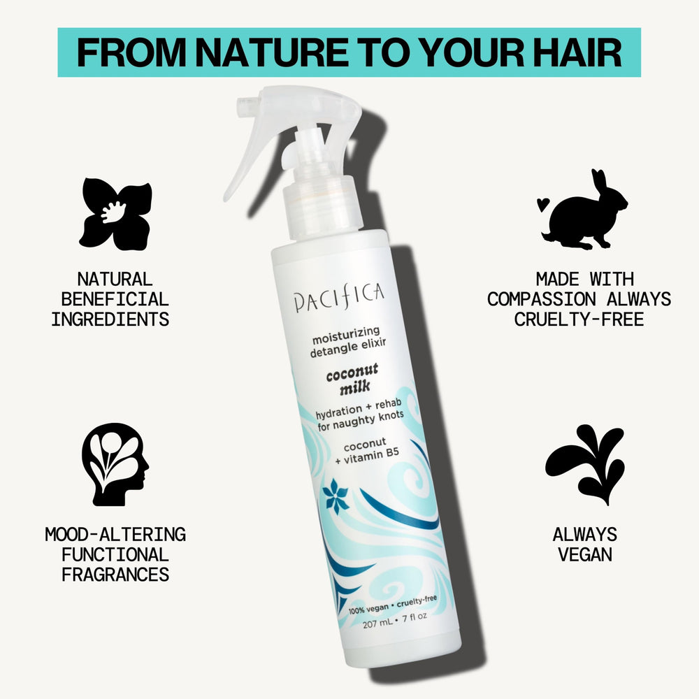 Pacifica Coconut Milk Detangler bottle on towel demonstrates lightweight leave-in moisture