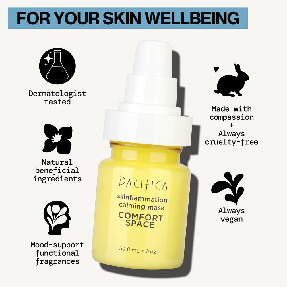 Pacifica Comfort Space mask vegan and cruelty-free label emphasizing clean beauty.