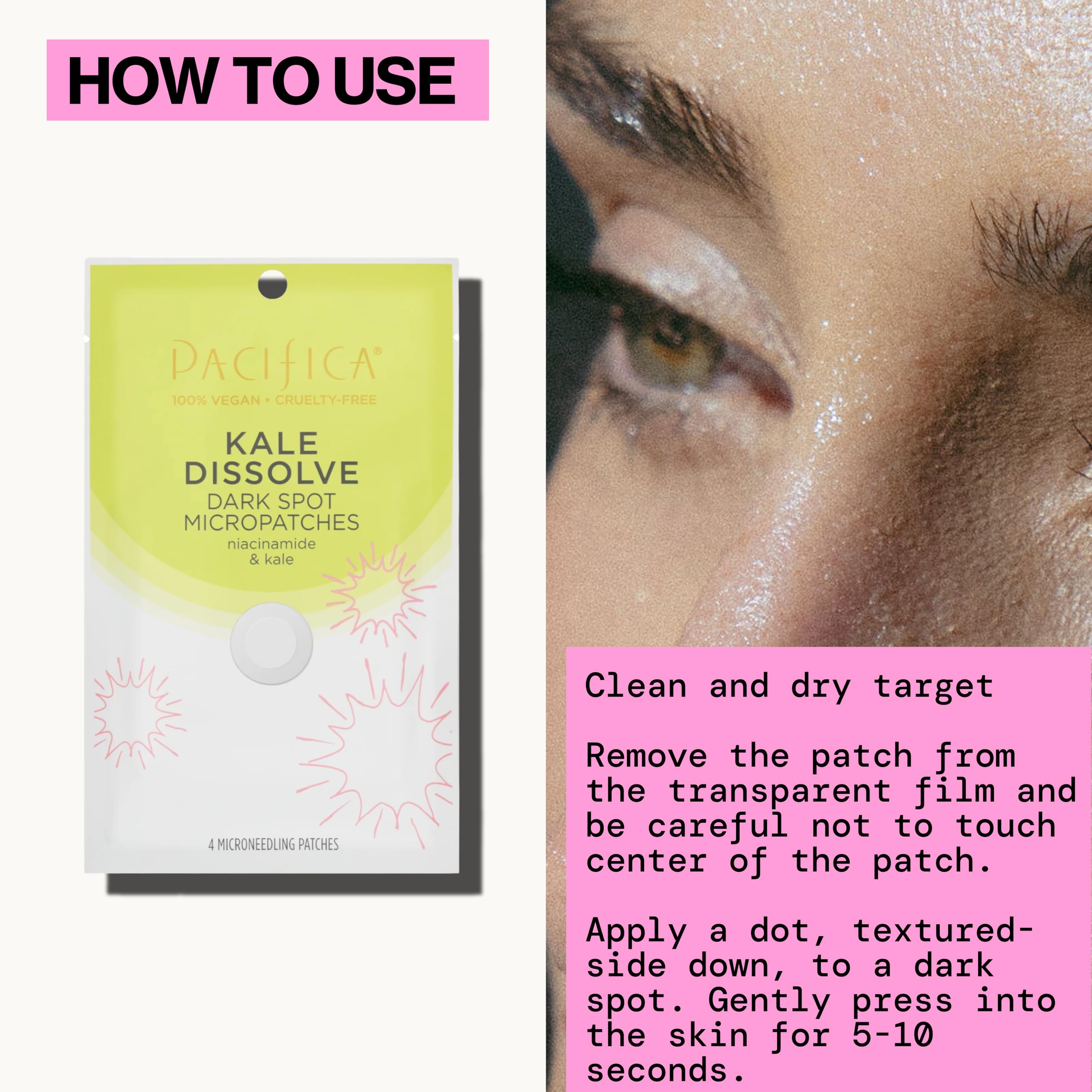 Pacifica kale-dissolve ingredients close-up highlighting brightening actives on patch surface