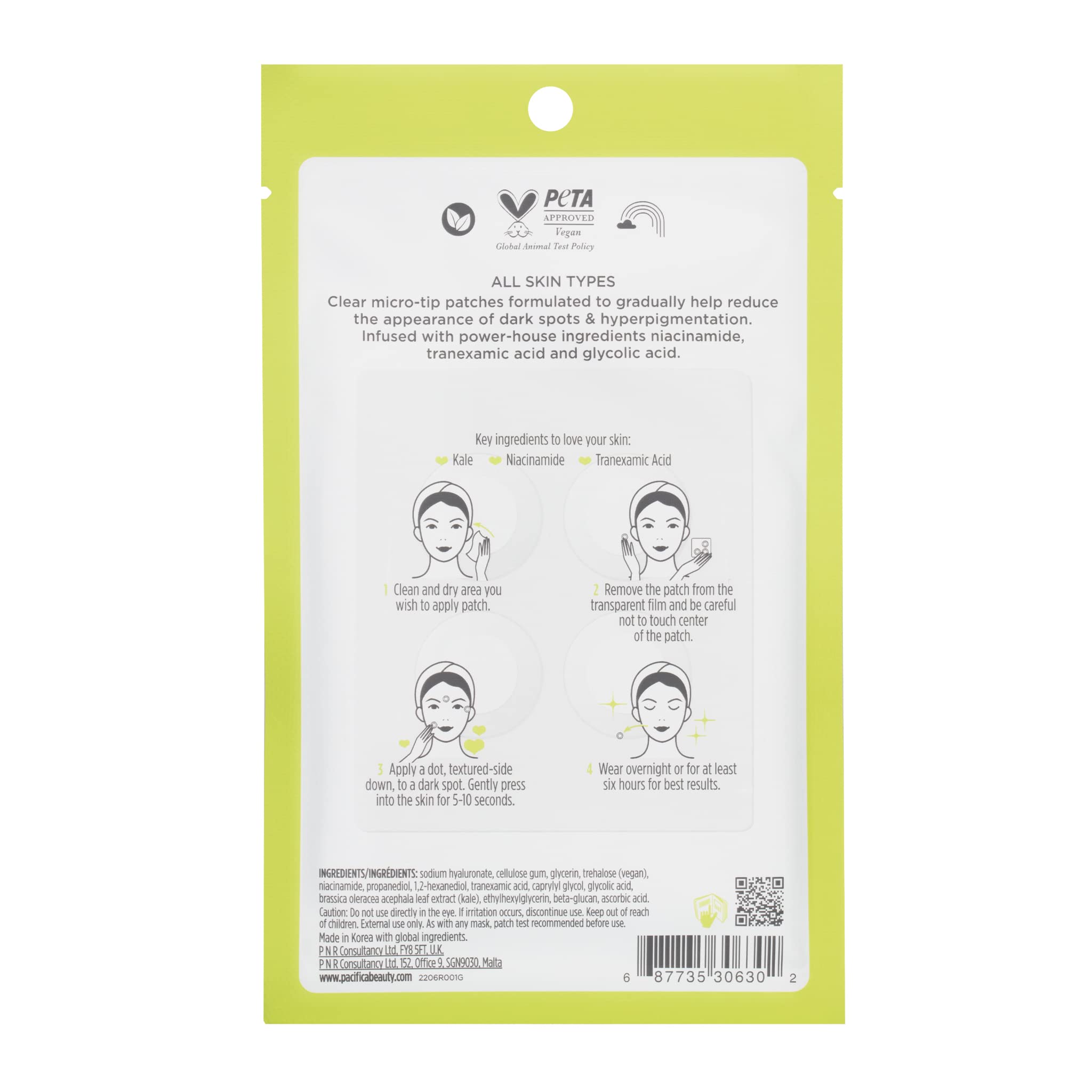 Pacifica dark-spot micropatch on nearly invisible skin during daytime use