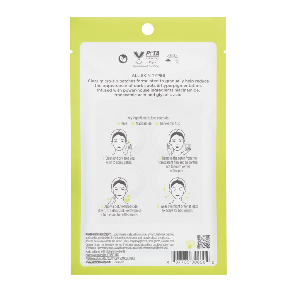Pacifica dark-spot micropatch on nearly invisible skin during daytime use