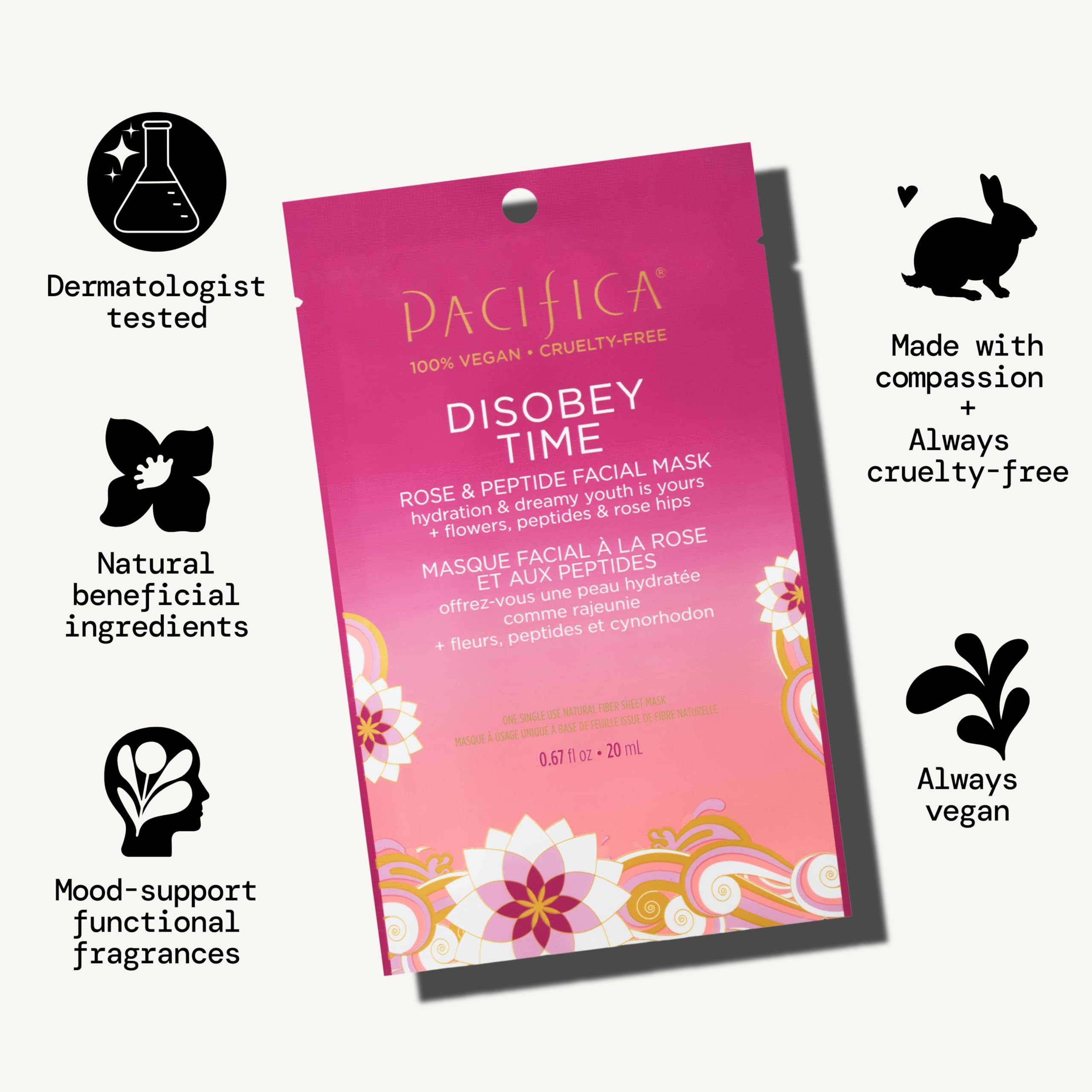 100% cotton sheet of Pacifica Disobey Time Mask conforms to facial contours.