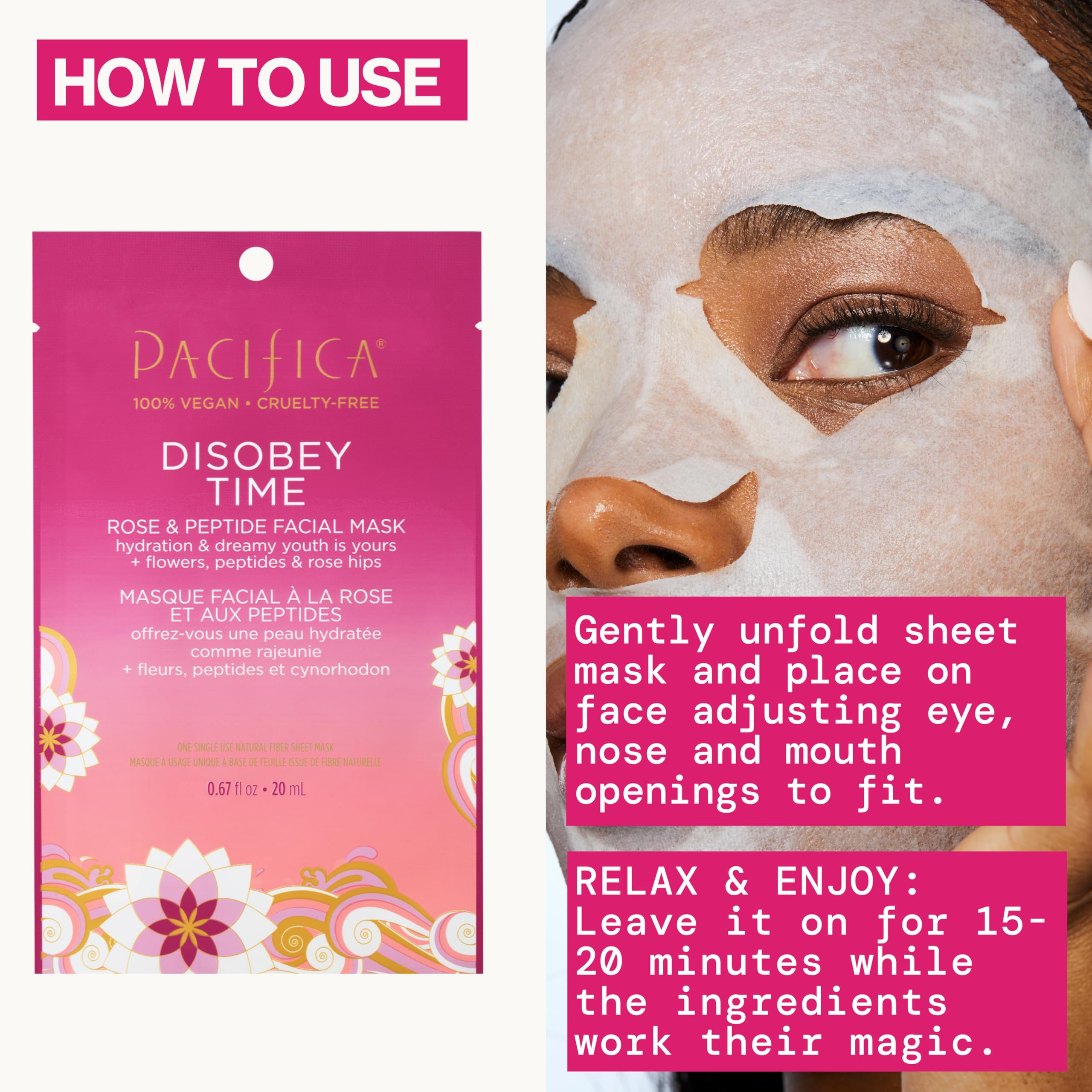 Hyaluronic acid serum visible in Pacifica Disobey Time Mask delivers intense hydration.